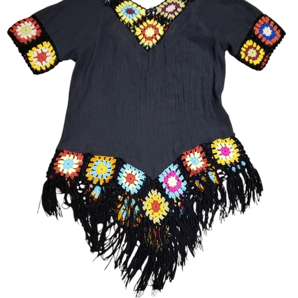 Granny Square Knit Gauze Black Swim Coverup OS - Picture 5 of 6